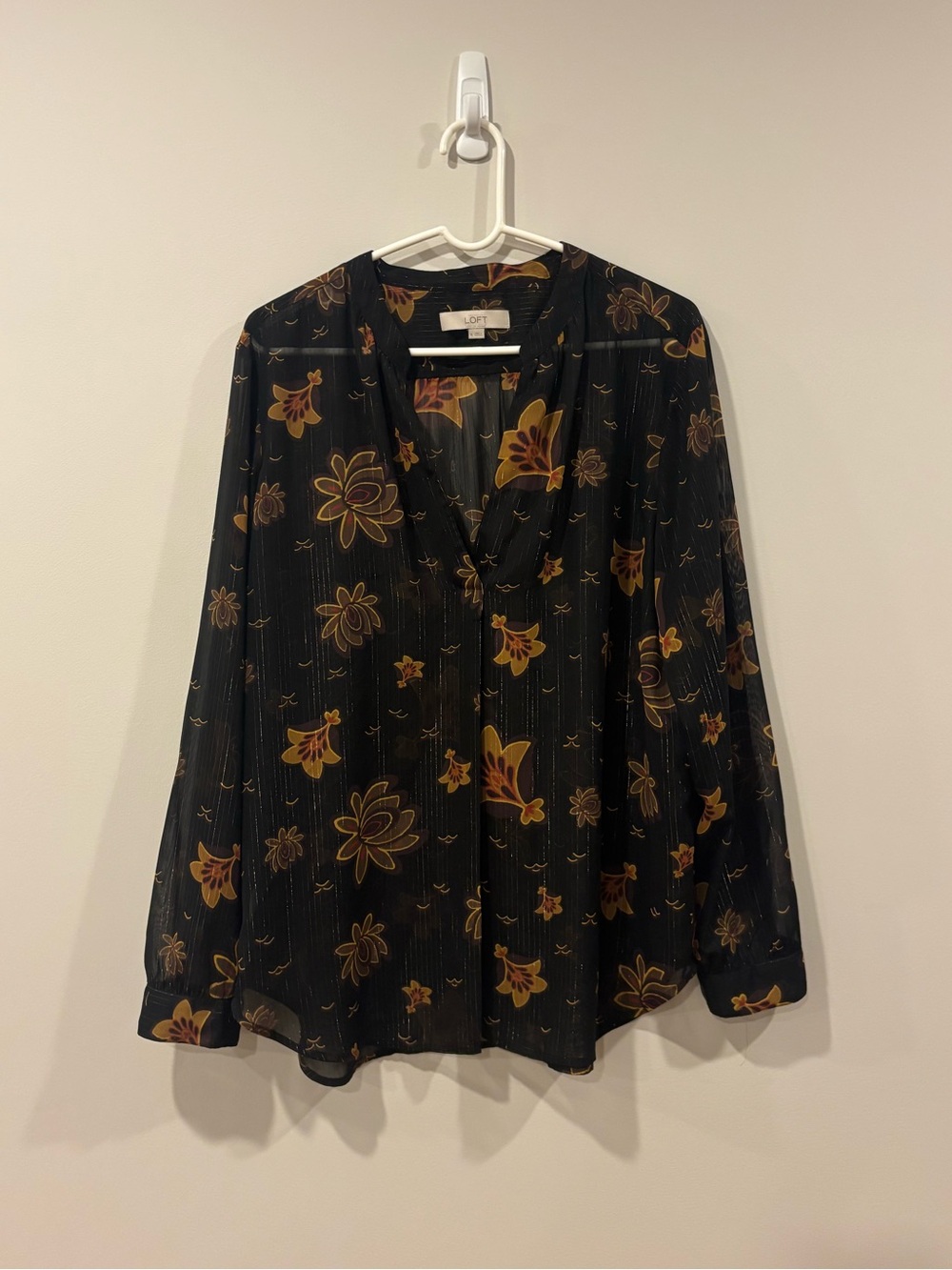 Ann Taylor Loft Sheer Metallic Floral Popover Blouse Brown Orange Fall Autumn XL